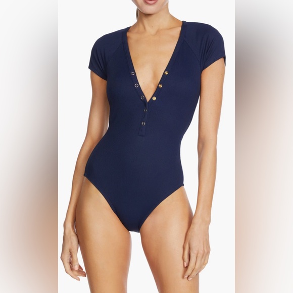 Robin Piccone Other - Robin Piccone Navy Amy Plunge Neck Short Sleeve One-Piece Swimsuit Size 8 NWT